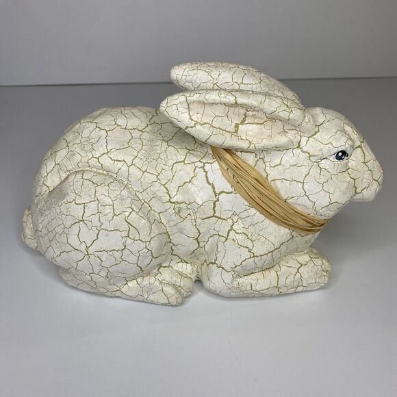 Farmhouse Easter Bunny Rabbit Figure White Antique Crackle Finish Spring Decor - Picture 4 of 12
